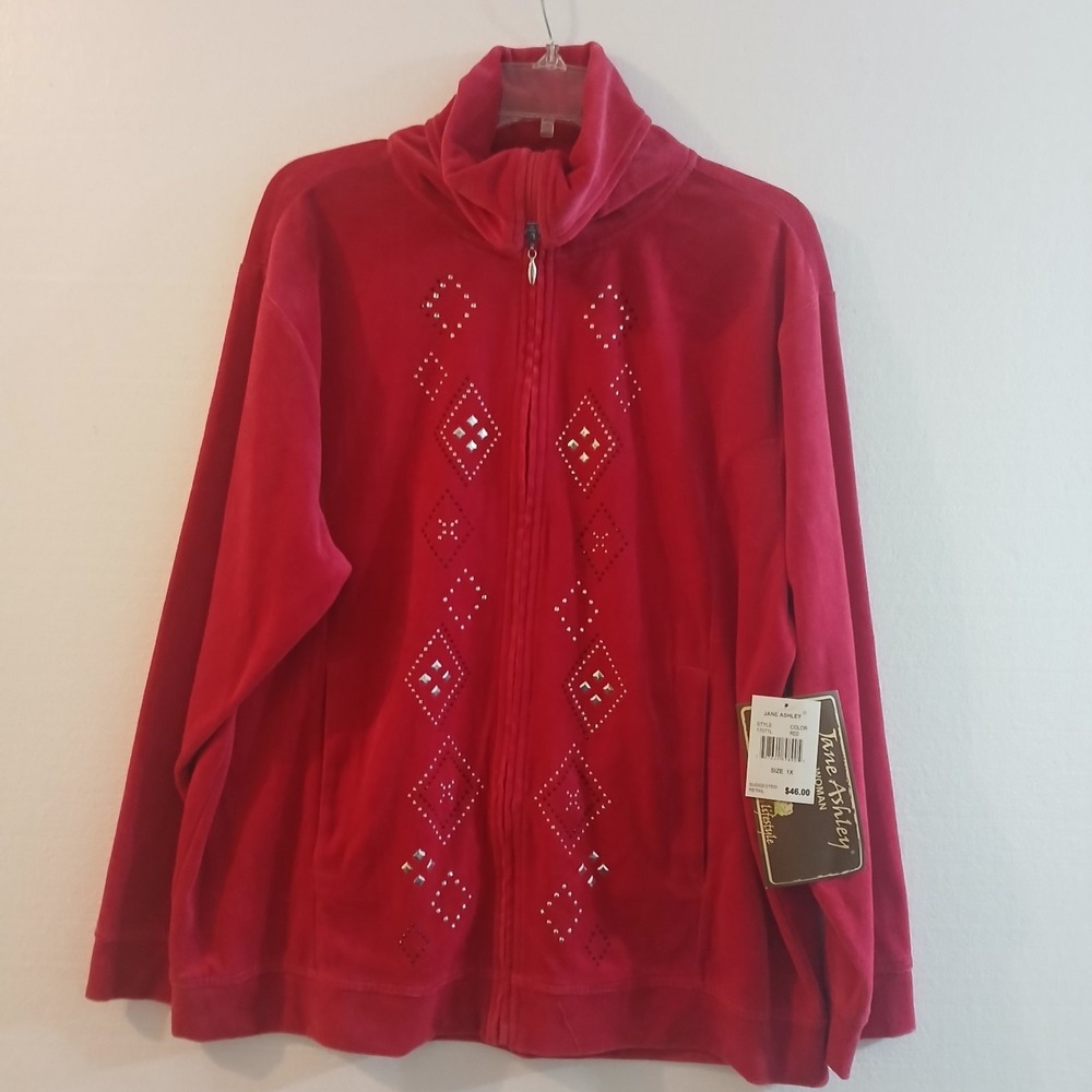NWT Jane Ashley Women Jacket Zip Size 1X Red Velour  Rhinestone‎ Embellishments.